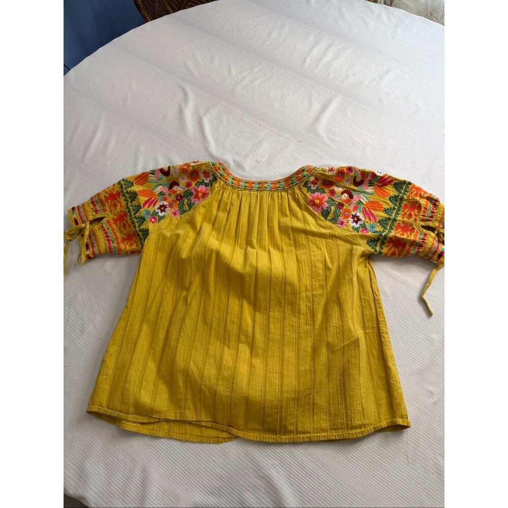 THML Embroidered Mustard Yellow Floral Bird Embroidered Top Blouse Size Small - Picture 6 of 9